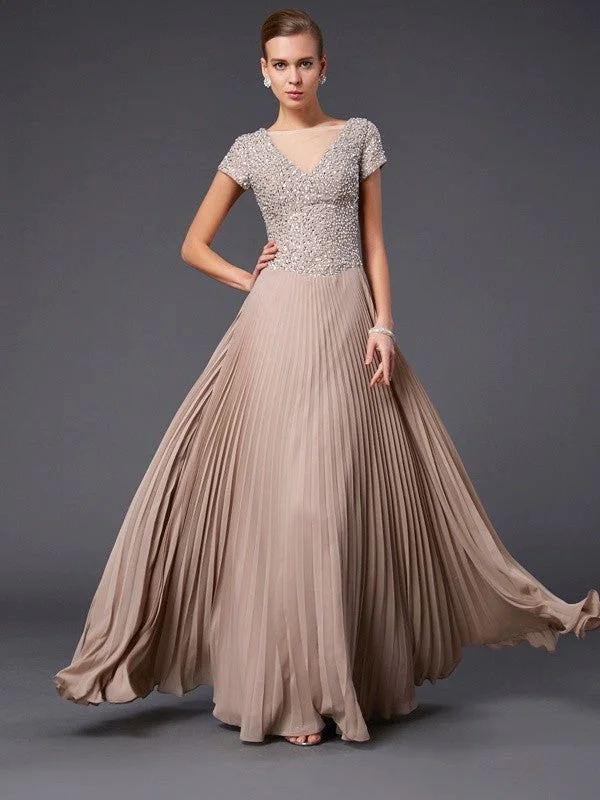 rustic wedding dressesA-Line/Princess V-neck Short Sleeves Beading Long Chiffon Mother of the Bride Dresses