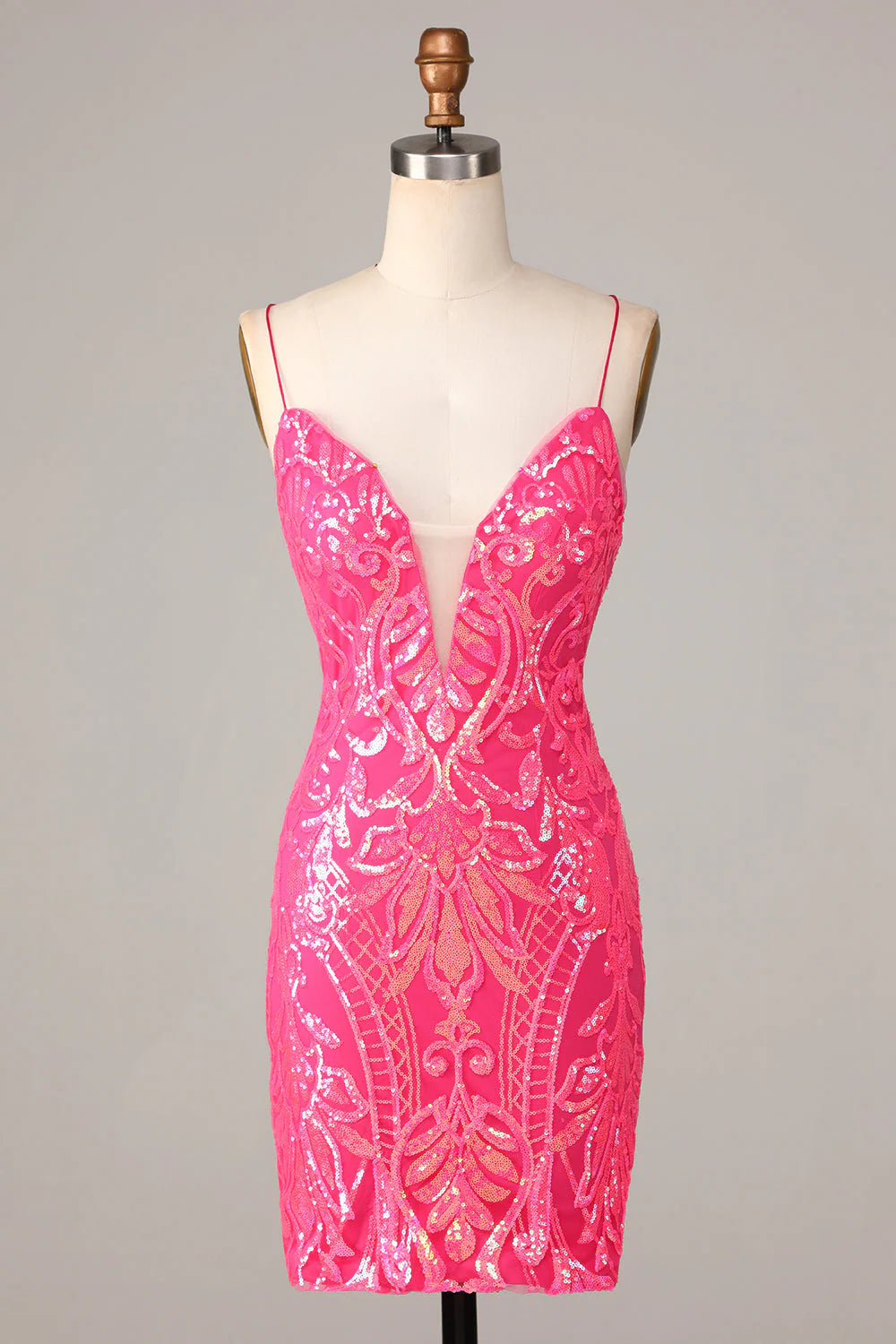 curve-hugging party dressesAmzcw Chic Sparkly Hot Pink Sheath Spaghetti Straps Sequins Short Homecoming Dress