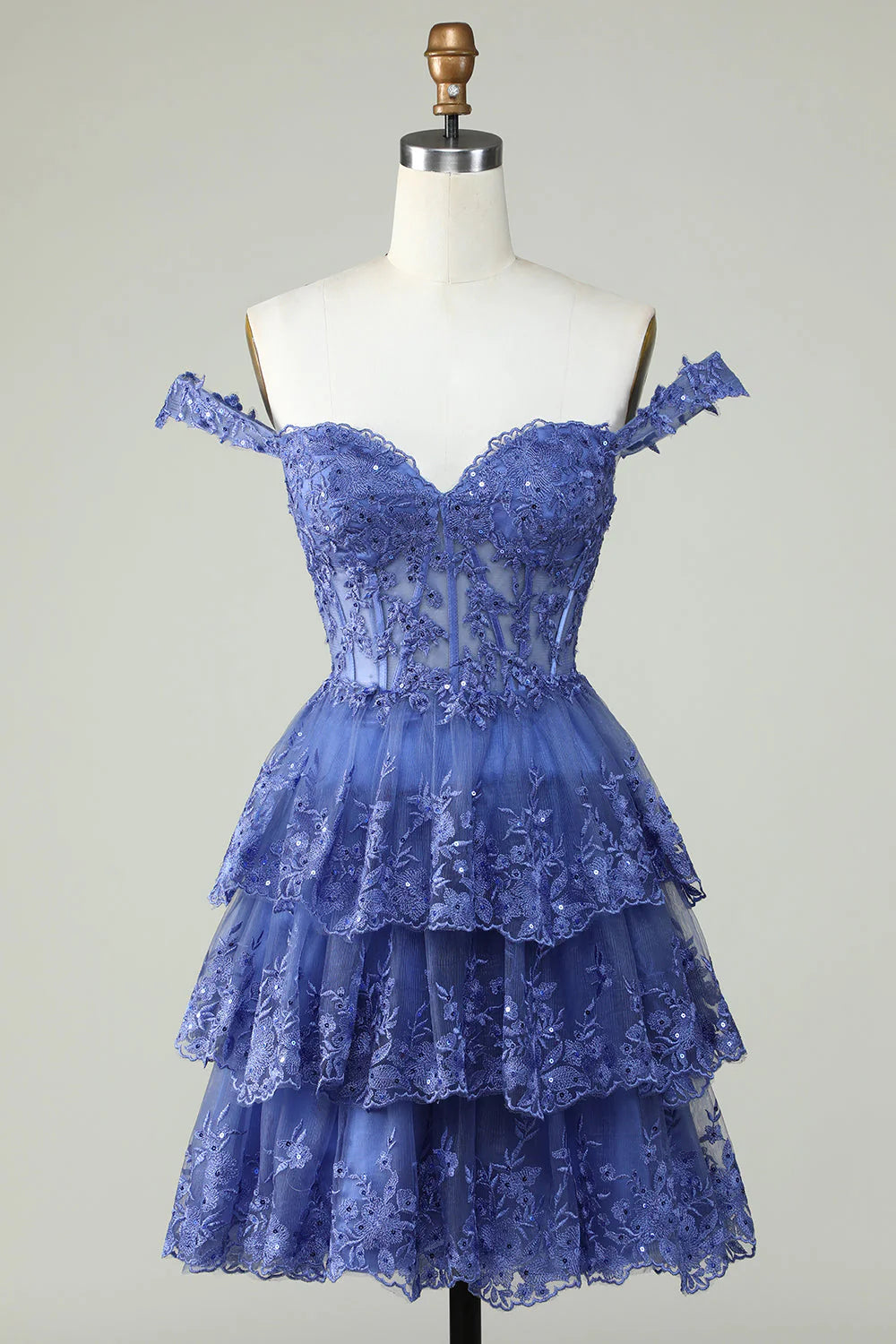 metallic party dressesAmzcw Cute A Line Corset Tiered Short Dark Blue Homecoming Dress with Lace