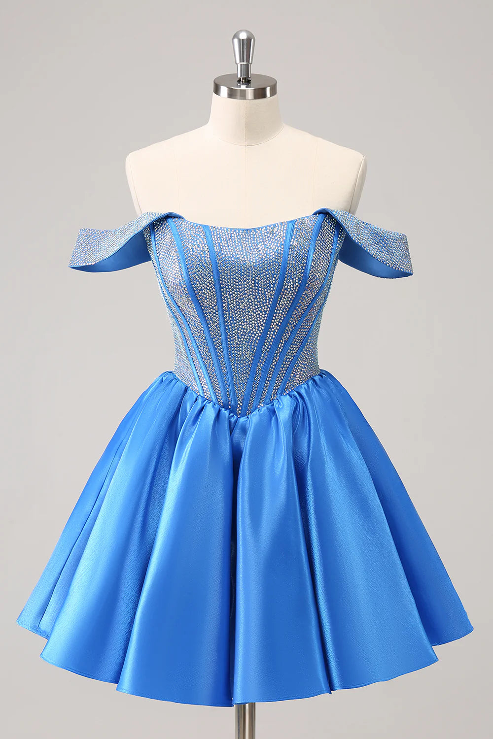 figure-flattering party dressesAmzcw Cute Blue A Line Off The Shoulder Corset Homecoming Dress with Beading