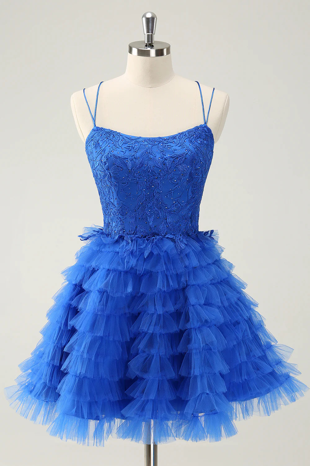 one-shoulder party dressesAmzcw Cute Blue A Line Spaghetti Straps Tiered Short Homecoming Dress with Beading