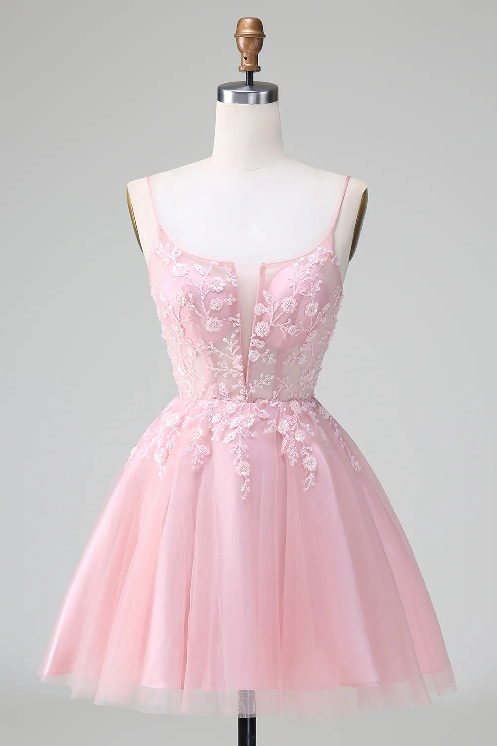 stylish party dressesAmzcw Cute Blush A Line Spaghetti Straps Corset Short Homecoming Dress with Appliques