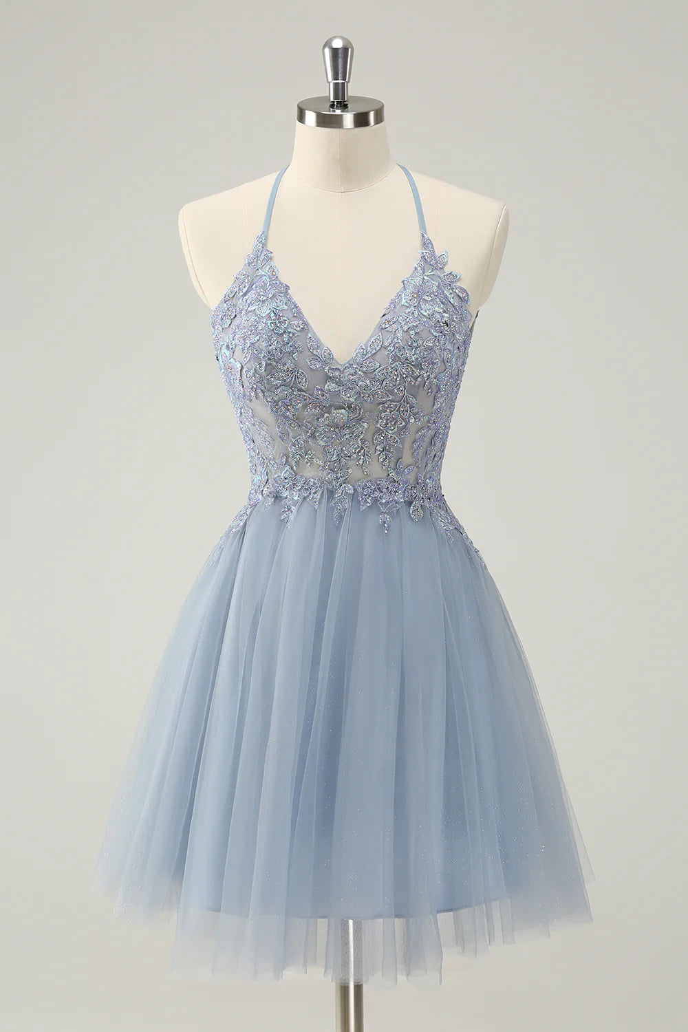 flutter-sleeve party dressesAmzcw Cute Dusty Blue A Line Spaghetti Straps Beaded Short Homecoming Dress with Appliques