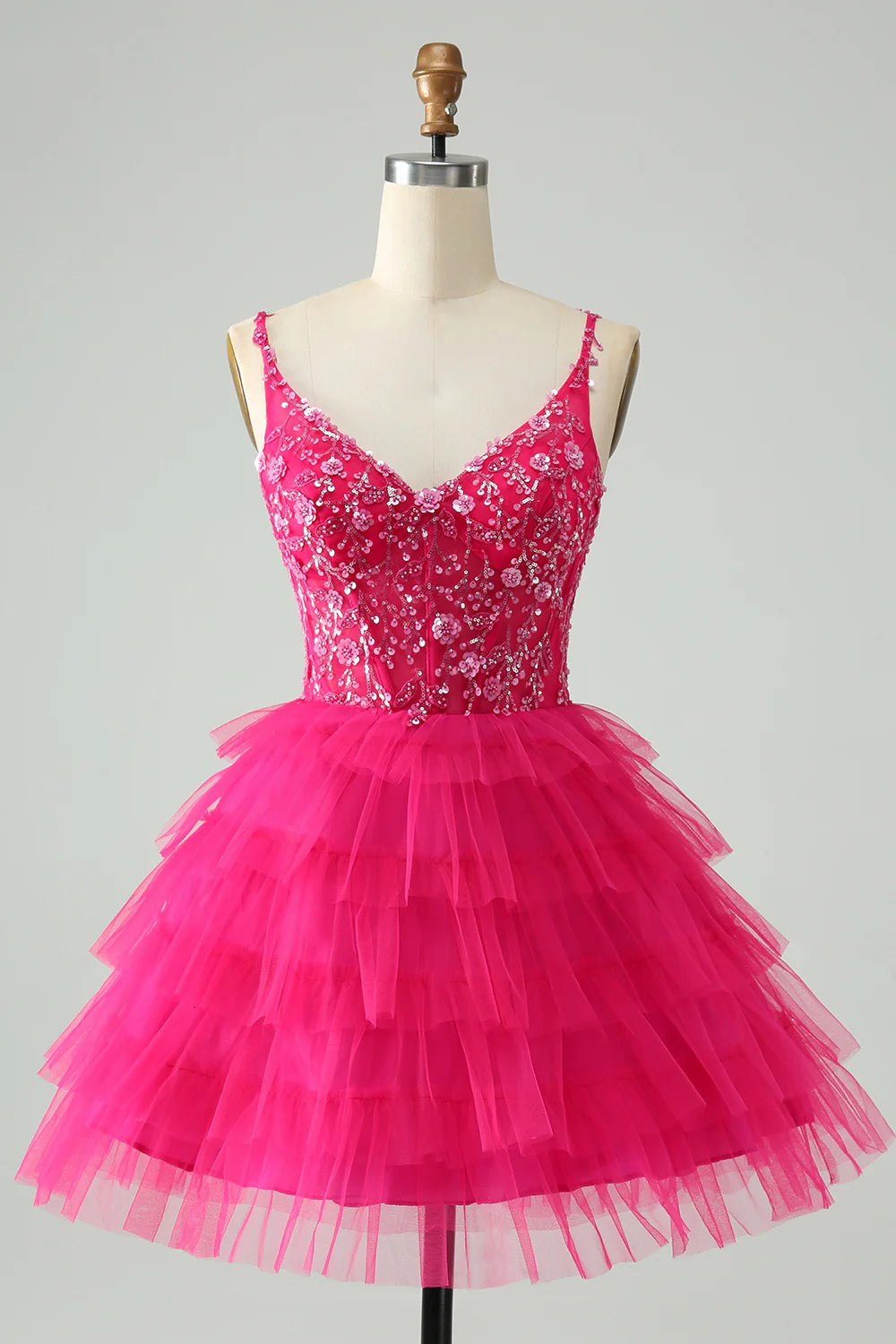 flashy party dressesAmzcw Cute Fuchsia A Line Spaghetti Straps Tiered Short Homecoming Dress with Sequins