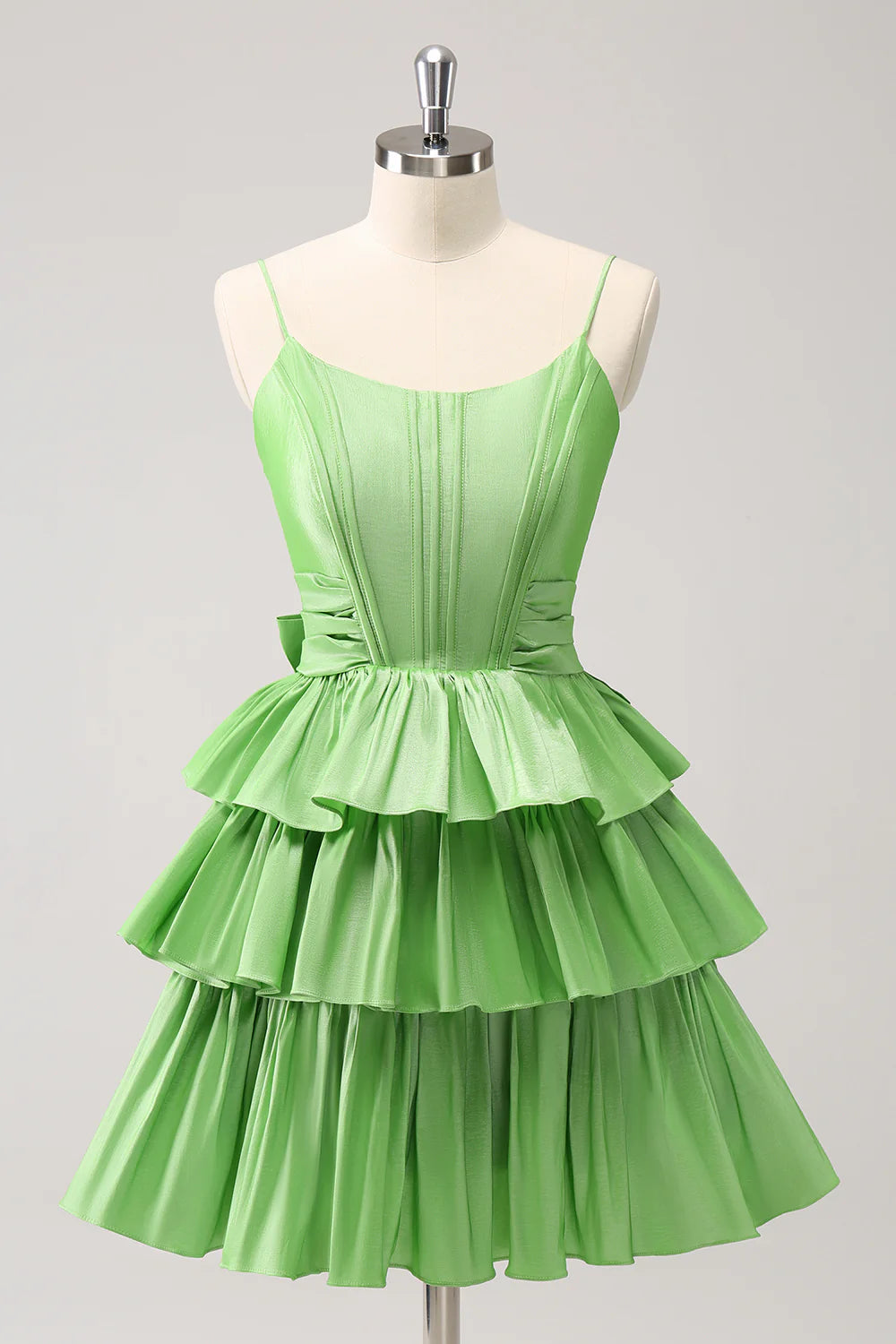 holiday party dressesAmzcw Cute Green A Line Spaghetti Straps Corset Tiered Ruffle Homecoming Dress with Bow