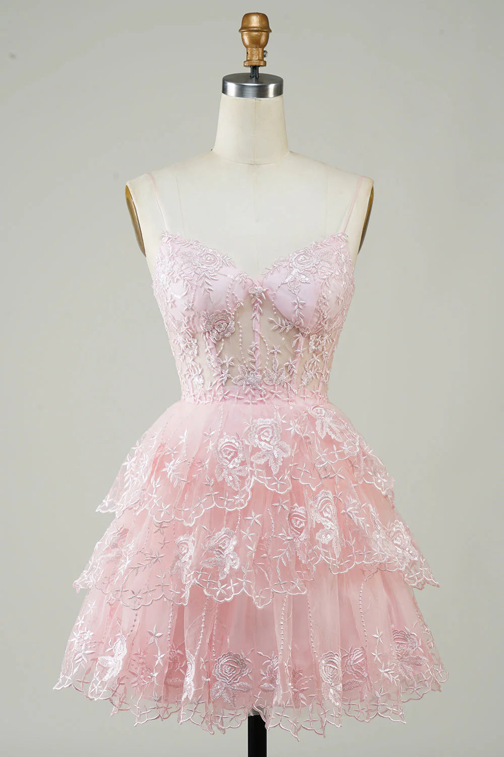 floral party dressesAmzcw Cute Pink A Line Spaghetti Straps Sparkly Sequin Tiered Corset Short Homecoming Dress