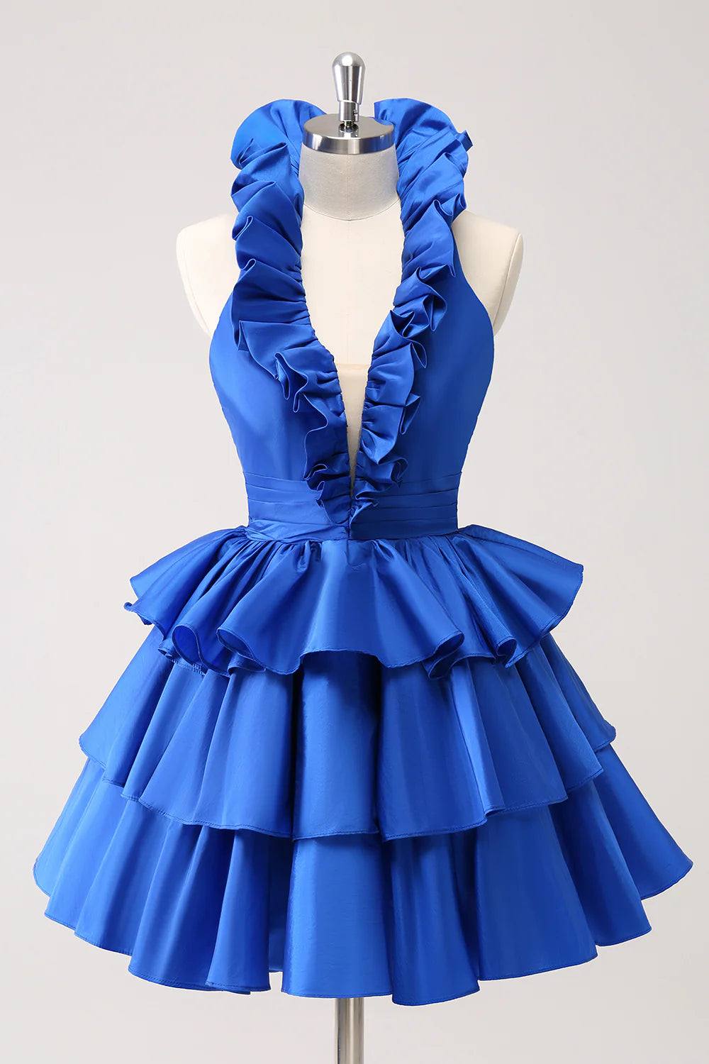 casual party dressesAmzcw Cute Royal Blue A Line Halter Tiered Backless Homecoming Dress with Ruffles