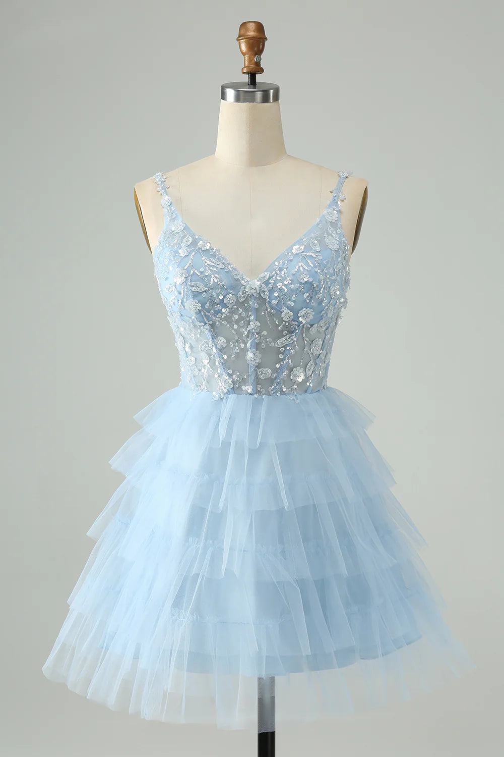 short party dressesAmzcw Cute Sky Blue A Line Spaghetti Straps Tiered Short Homecoming Dress with Sequins