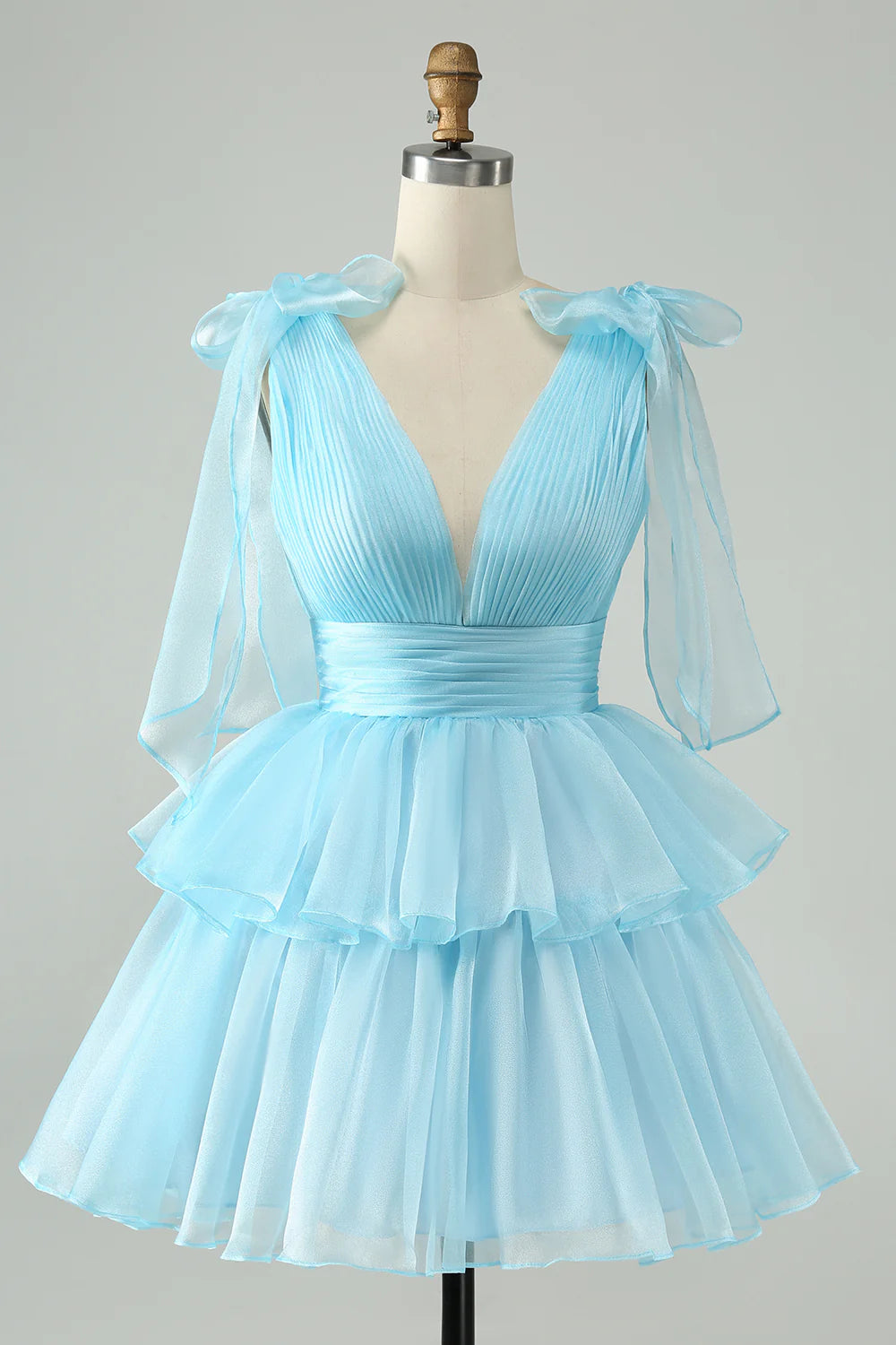 midi party dressesAmzcw Cute Sky Blue A Line V Neck Backless Pleated Tiered Short Homecoming Dress