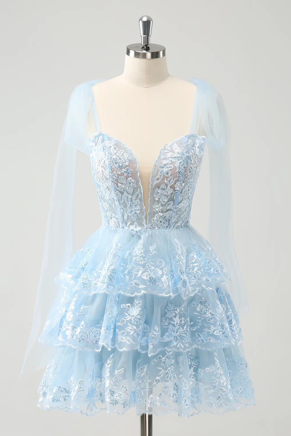 chiffon party dressesAmzcw Cute Sparkly Blue A Line V Neck Corset Tiered Short Homecoming Dress