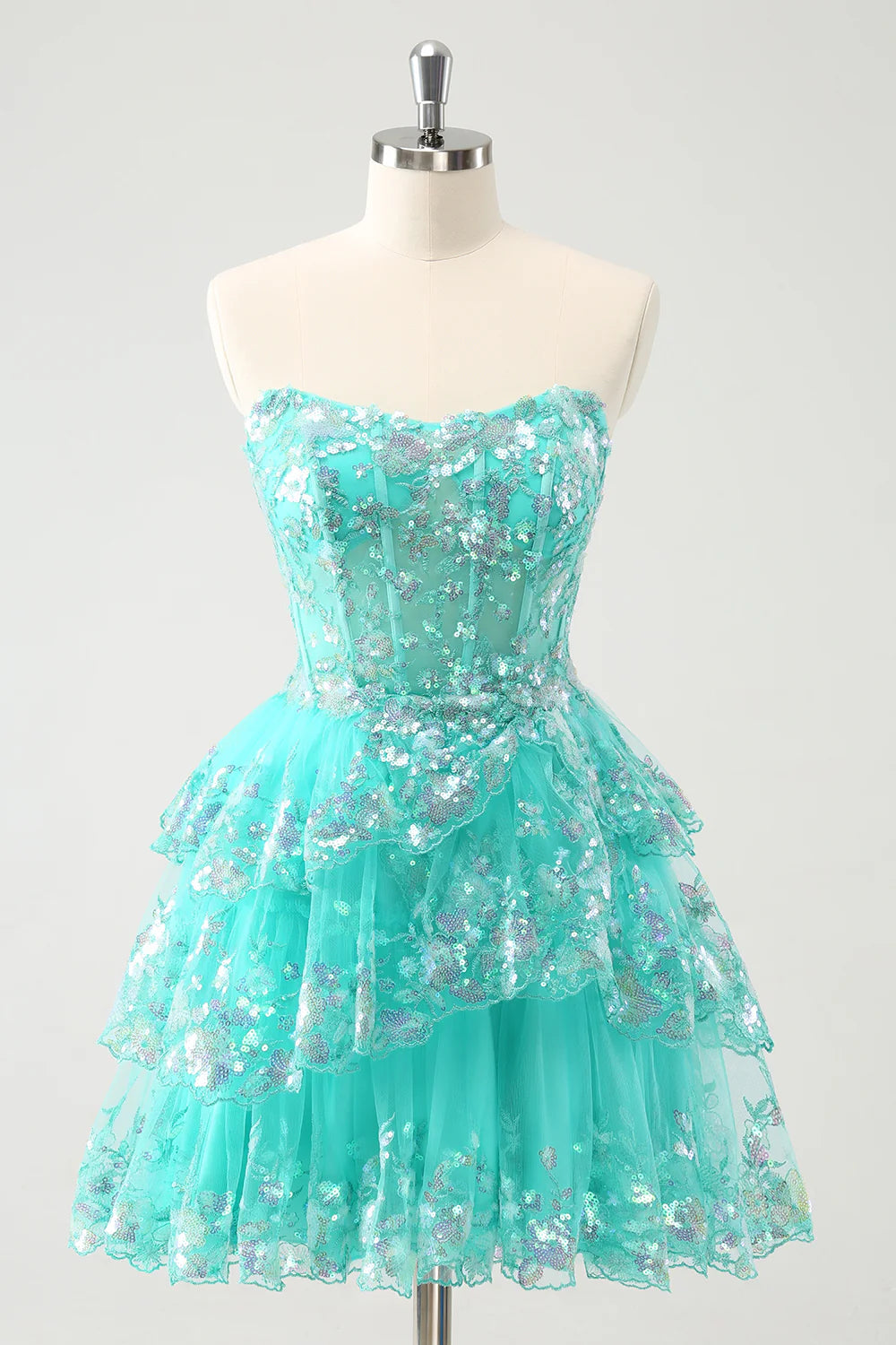 silk party dressesAmzcw Cute Sparkly Green A Line Corset Tiered Short Homecoming Dress with Lace Up Back