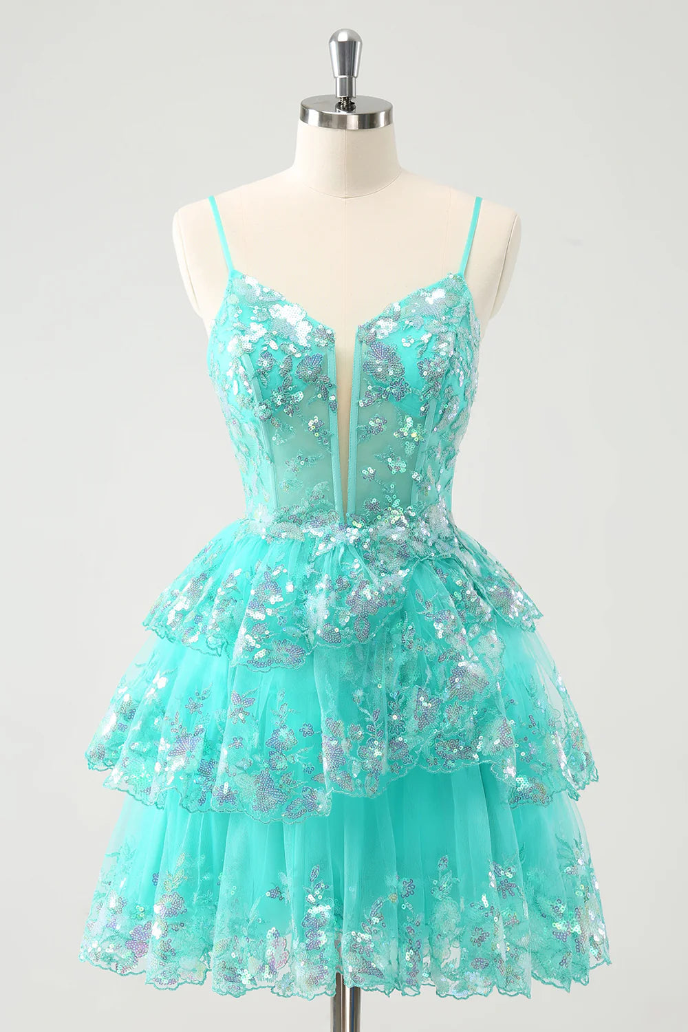 tulle party dressesAmzcw Cute Sparkly Green A Line Spaghetti Straps Corset Tiered Short Homecoming Dress