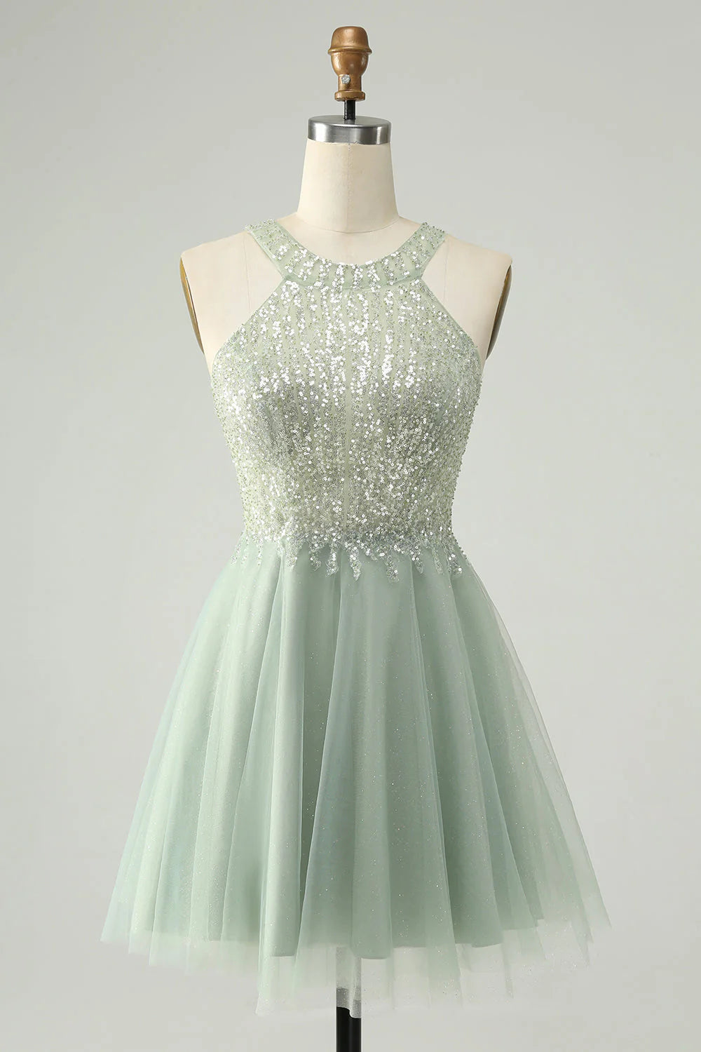 off-the-shoulder party dressesAmzcw Dusty Green A Line Halter Short Homecoming Dress with Sequins