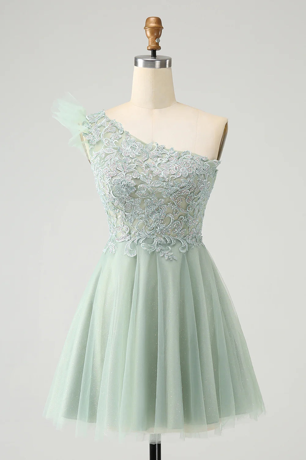 sweetheart-neck party dressesAmzcw Dusty Sage A Line One Shoulder Short Homecoming Dress with Beading