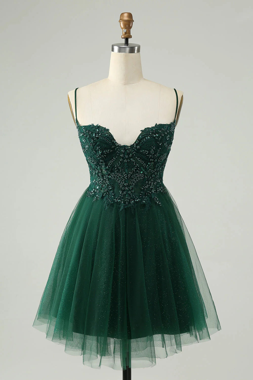 sequined party dressesAmzcw Glitter Dark Green A Line Beaded Tulle Homecoming Dress with Appliques