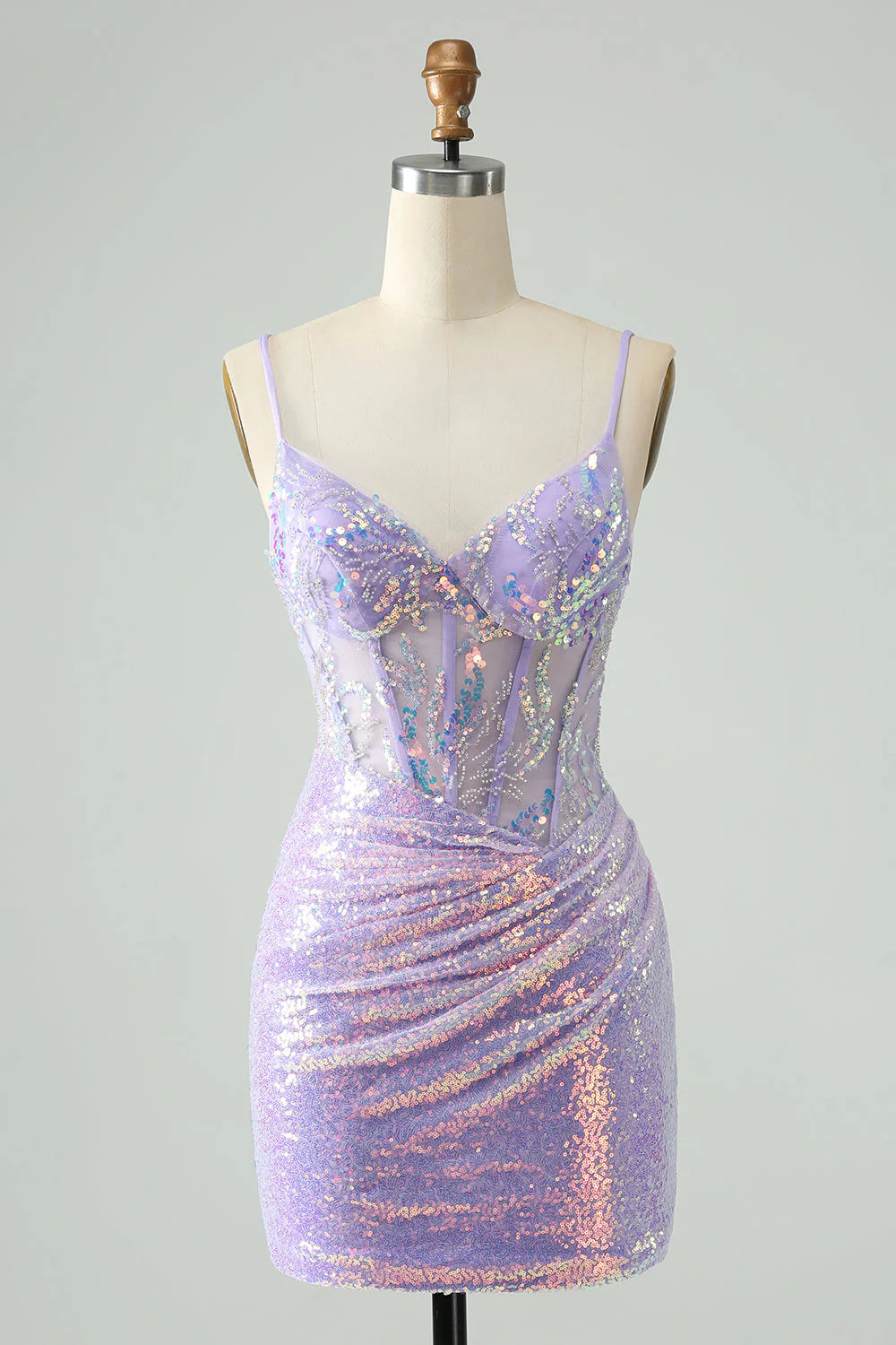 prom party dressesAmzcw Glitter Lilac Tight Spaghetti Straps Corset Short Homecoming Dress with Sequins