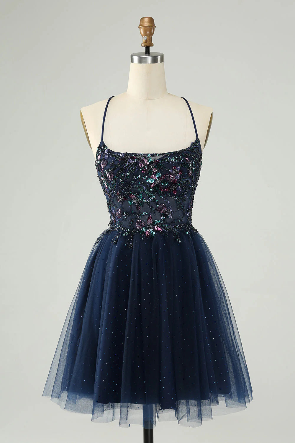 satin party dressesAmzcw Glitter Navy A Line Spaghetti Straps Backless Tulle Homecoming Dress with Sequins