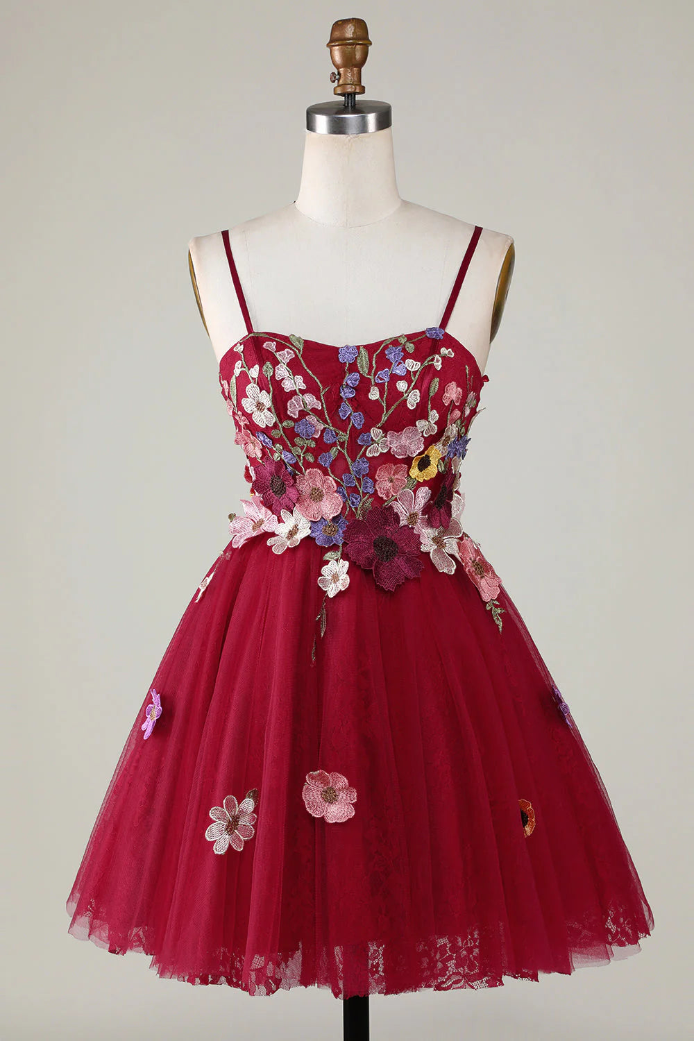 budget-friendly party dressesAmzcw Gorgeous A Line Spaghetti Straps Burgundy Short Homecoming Dress with 3D Flowers