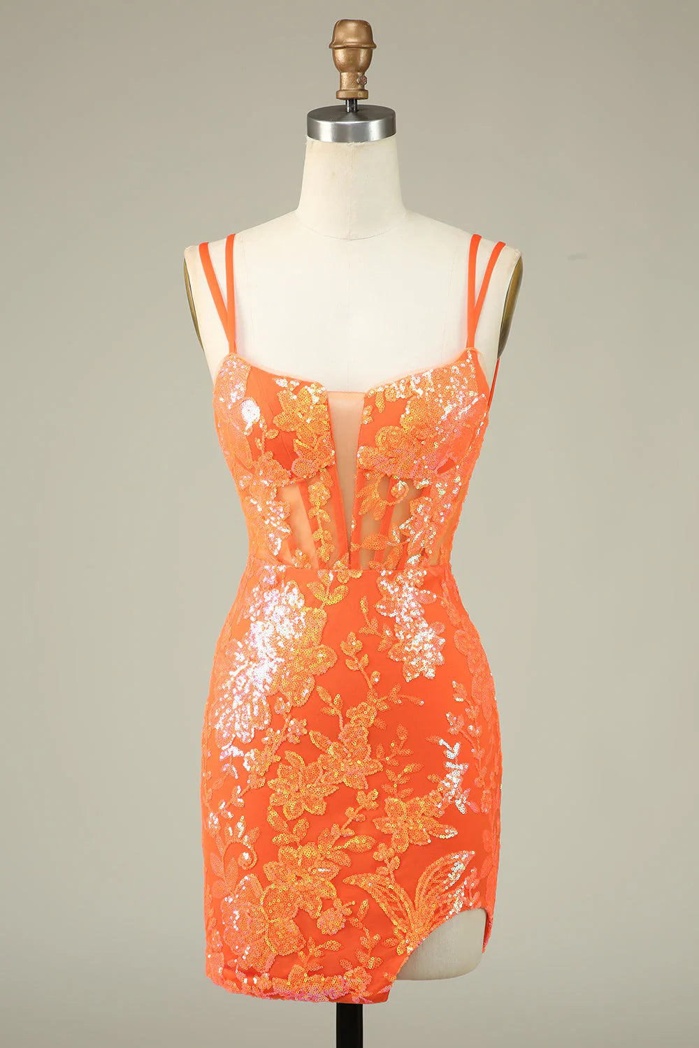 black-tie party dressesAmzcw Gorgeous Orange Spaghetti Straps Tight Glittler Corset Homecoming Dress with Lace Up Back