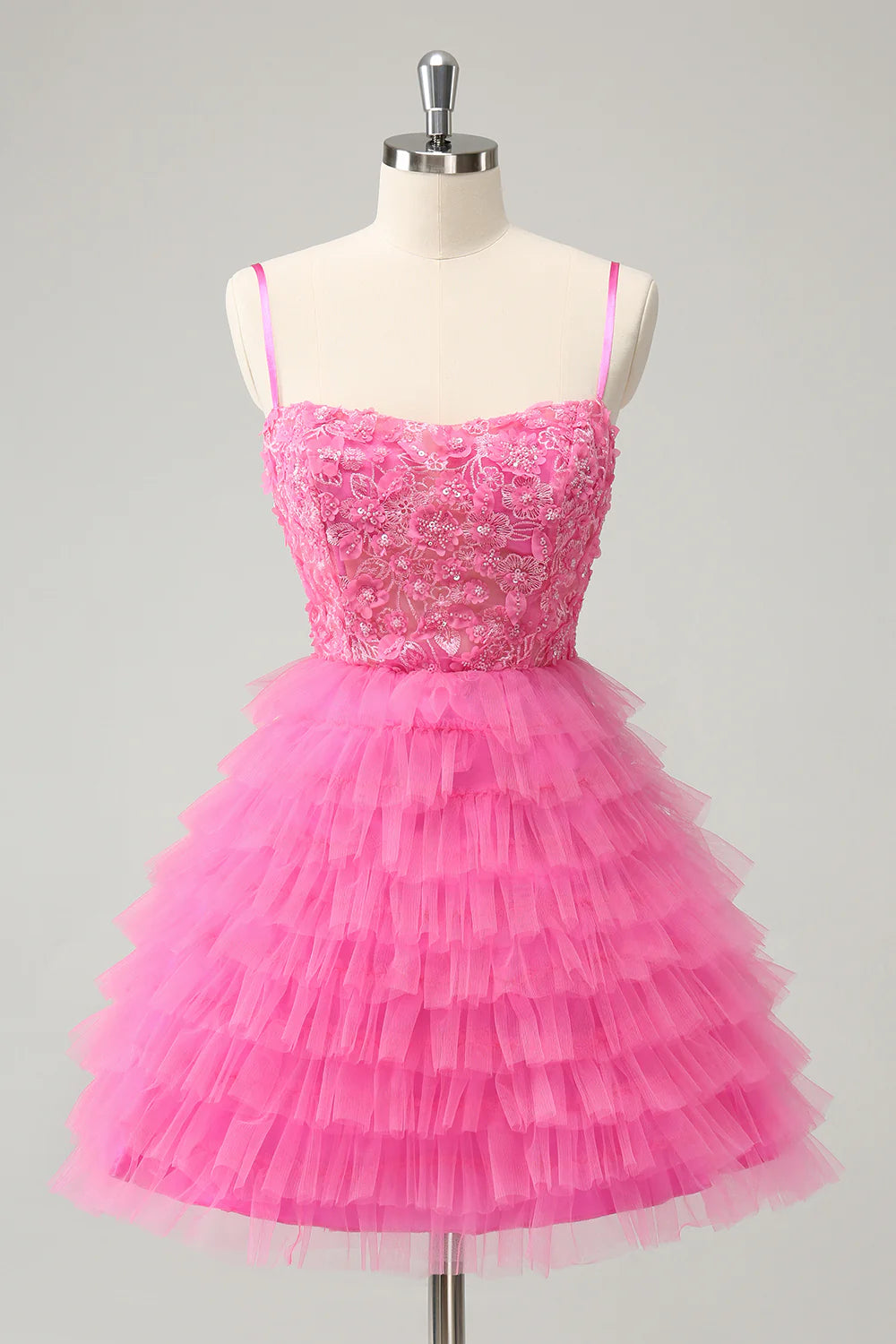 ball gown party dressesAmzcw Pink A Line Spaghetti Straps Tiered Corset Short Homecoming Dress with Sequins