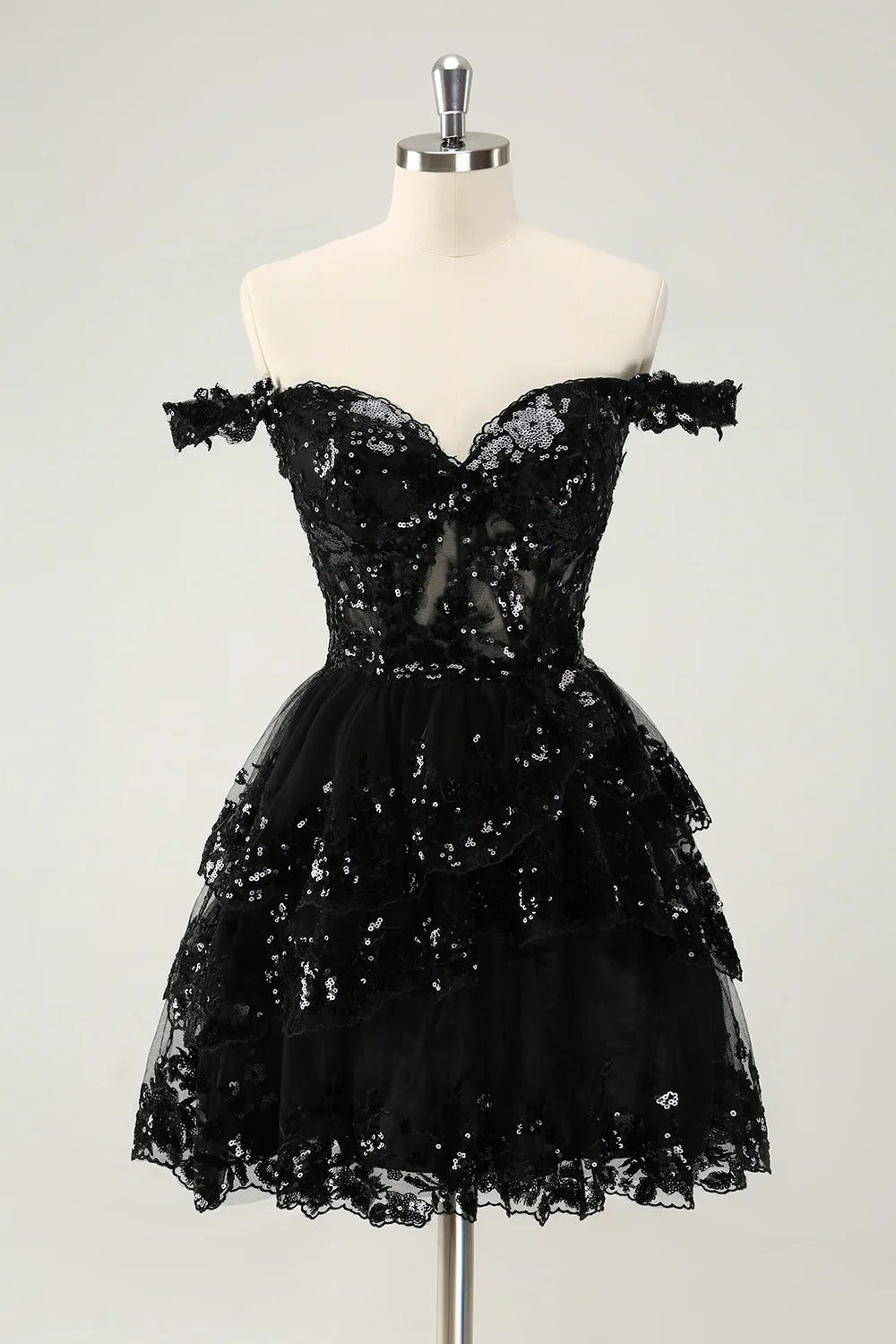 high-low party dressesAmzcw Sparkly Black A Line Off The Shoulder Corset Tiered Short Homecoming Dress