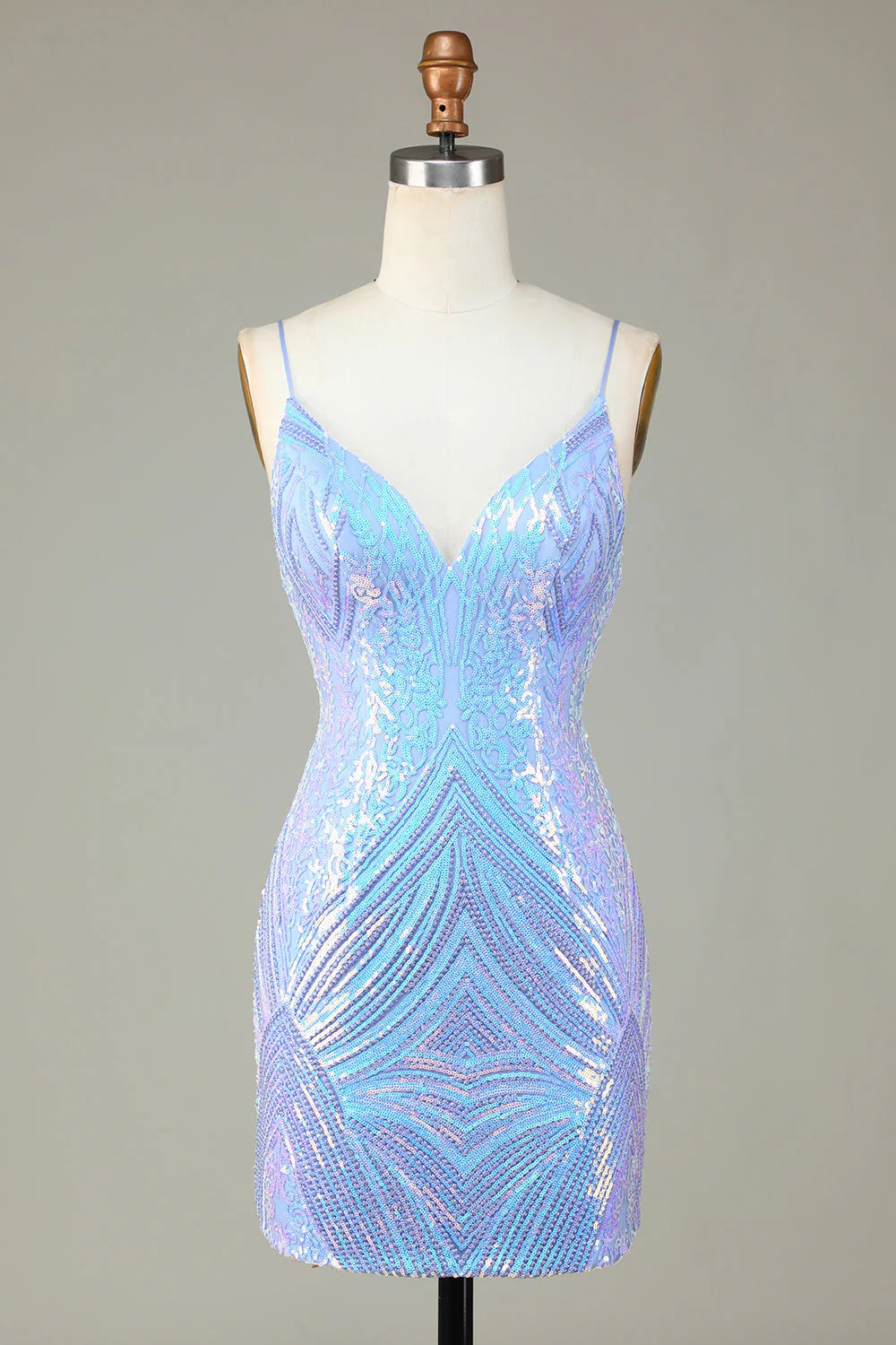 halter-neck party dressesAmzcw Sparkly Blue Sheath Spaghetti Straps Backless Sequins Short Homecoming Dress