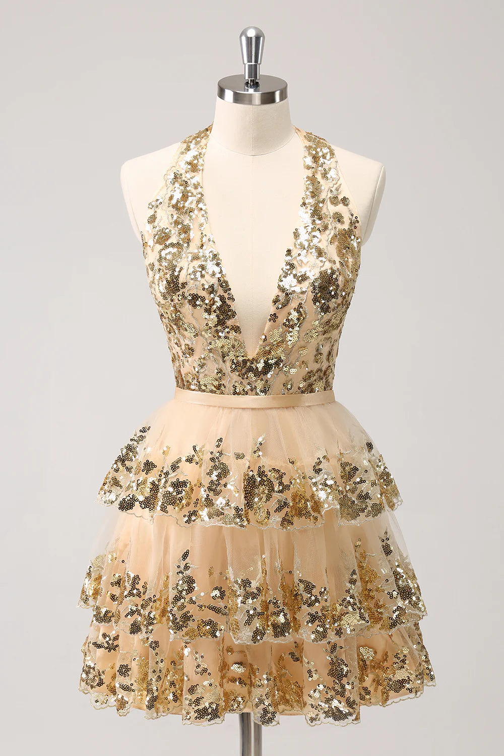 black-tie party dressesAmzcw Sparkly Gold A Line Halter Corset Tiered Backless Homecoming Dress with Sequins