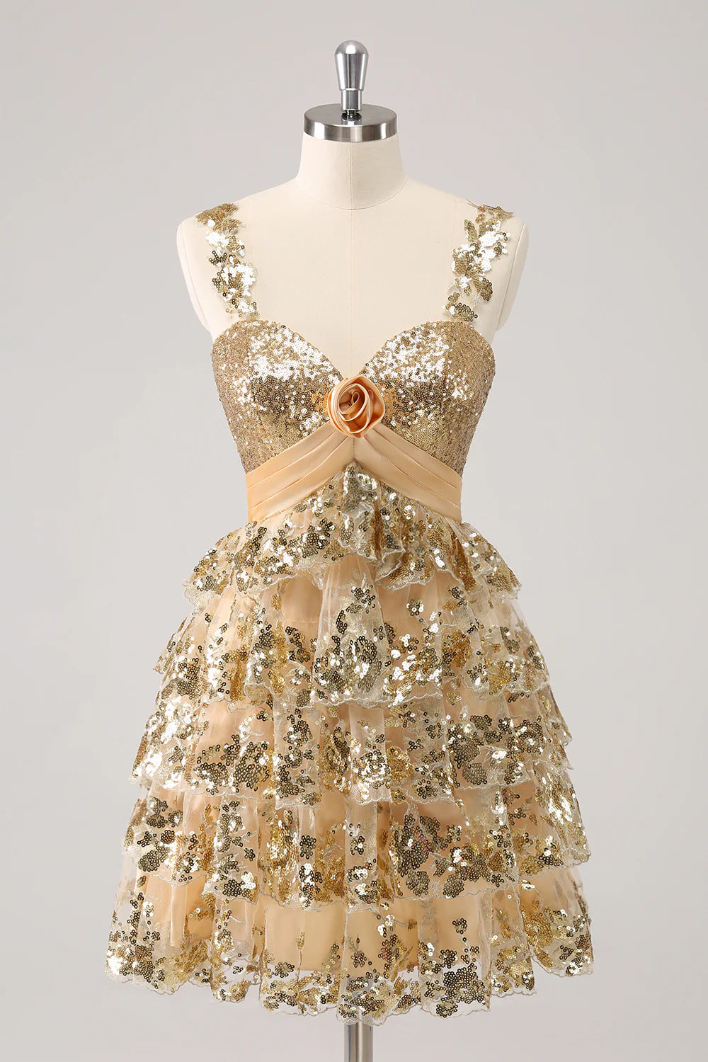 petite party dressesAmzcw Sparkly Golden A Line Corset Tiered Short Homecoming Dress with Flower