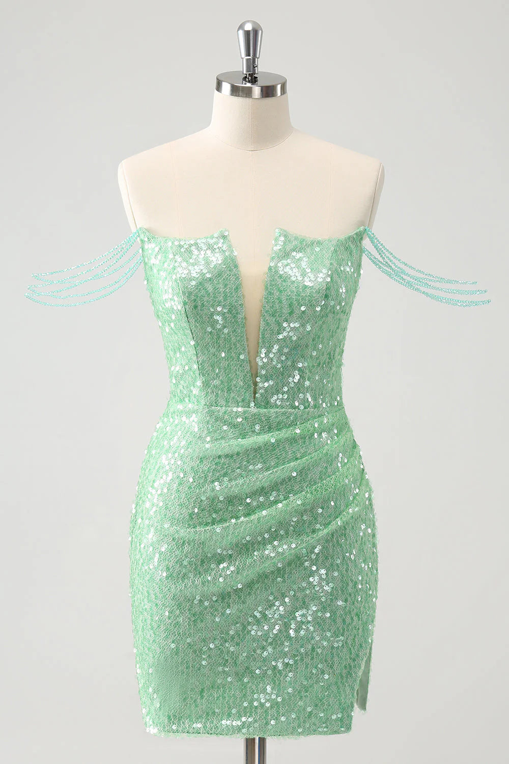 curve-hugging party dressesAmzcw Sparkly Green Off the Shoulder Ruched Tight Homecoming Dress with Sequins