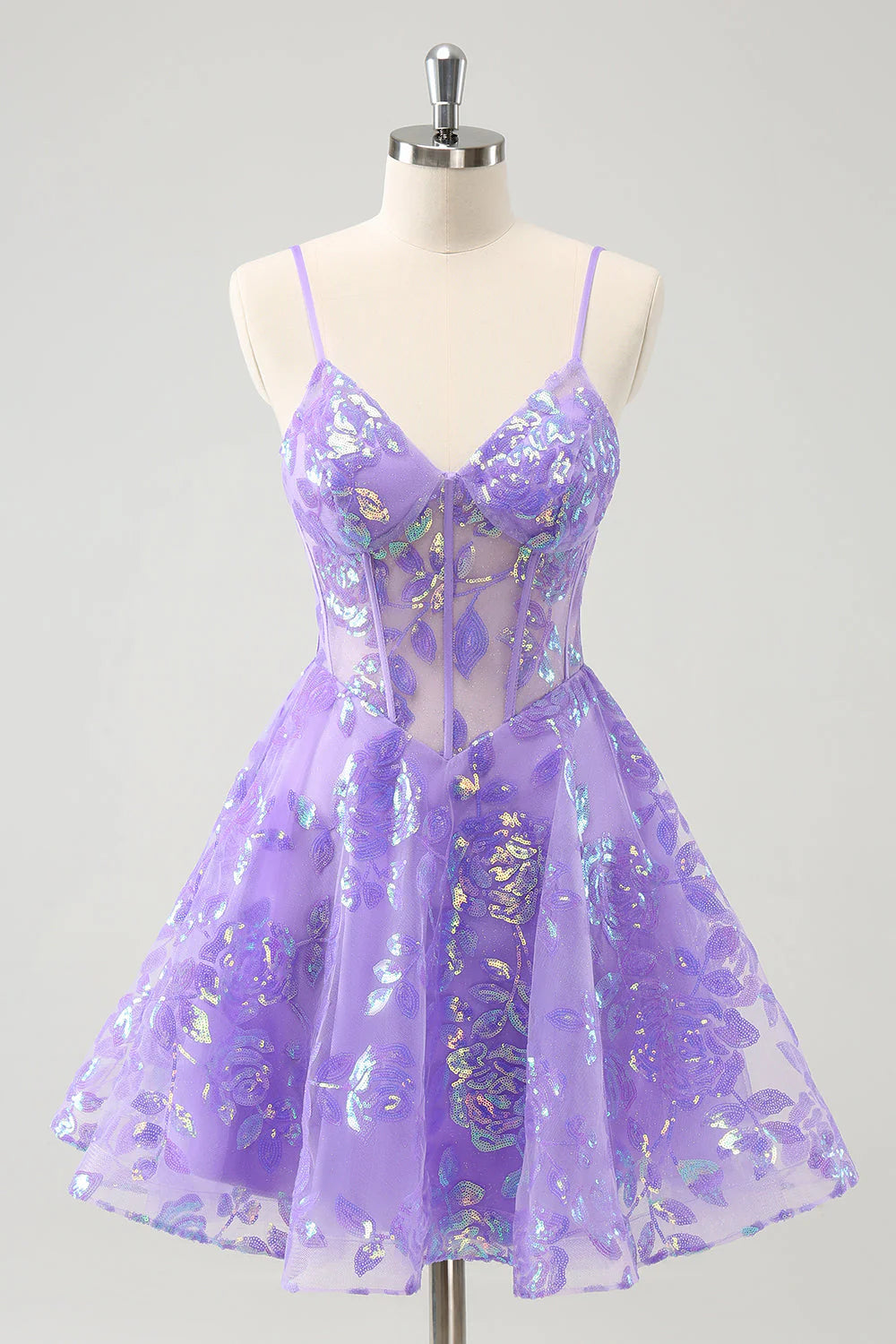 cocktail party dressesAmzcw Sparkly Lilac A-Line Spaghetti Straps Sequins Corset Homecoming Dress