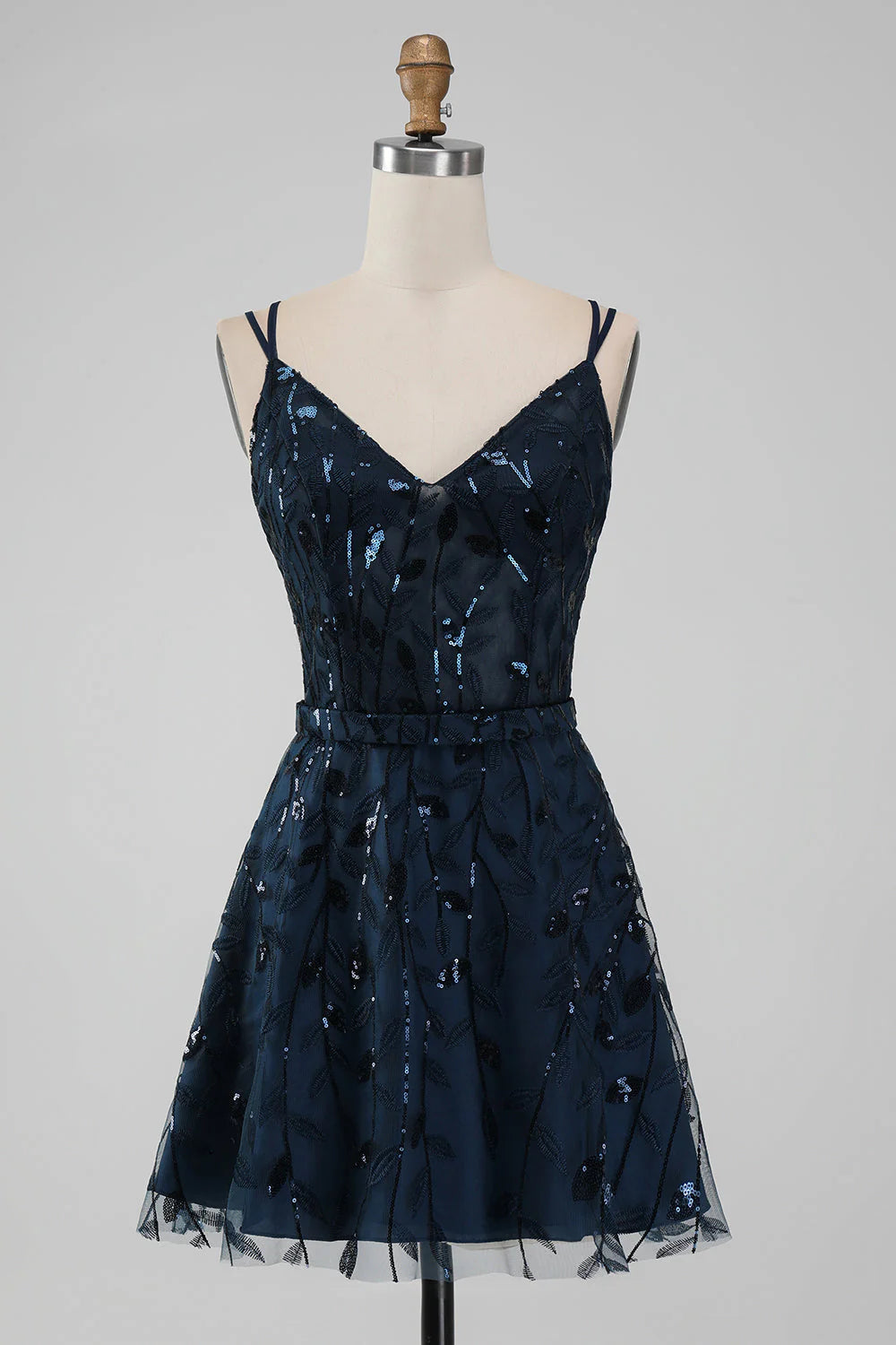 striped party dressesAmzcw Sparkly Navy A Line Spaghetti Straps Sequins Short Homecoming Dress