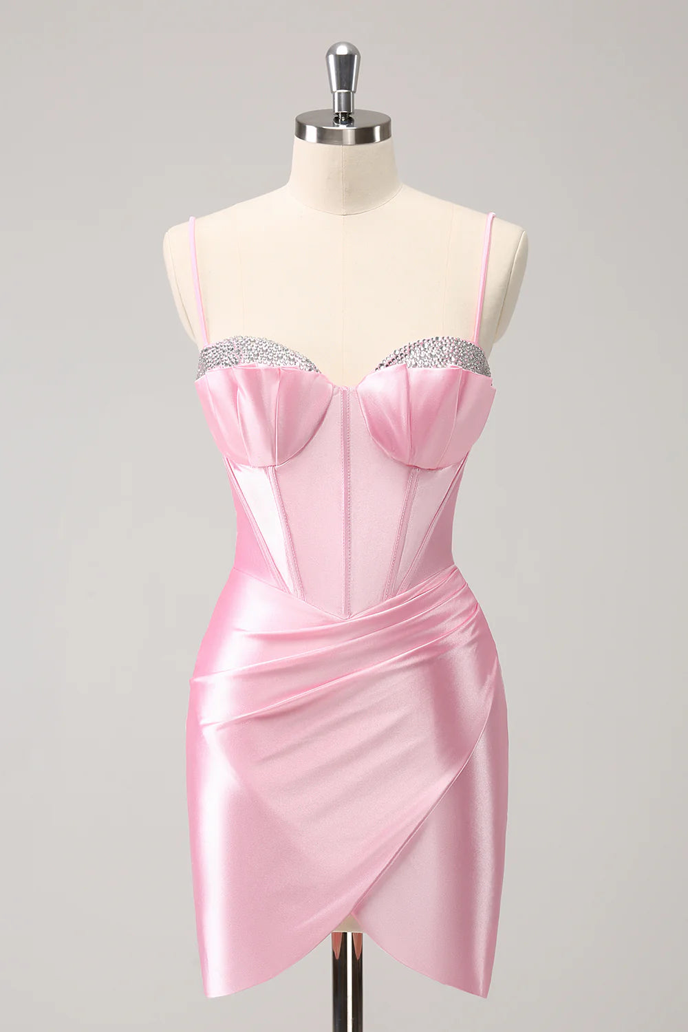 pool party dressesAmzcw Sparkly Pink Tight Spaghetti Straps Corset Pleated Short Homecoming Dress with Beading