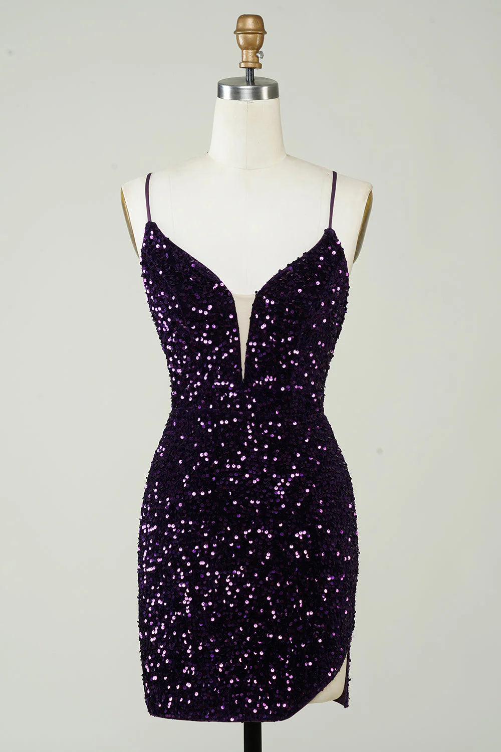 lace party dressesAmzcw Sparkly Purple Sheath Backless Sequins Tight Short Homecoming Dress with Slit