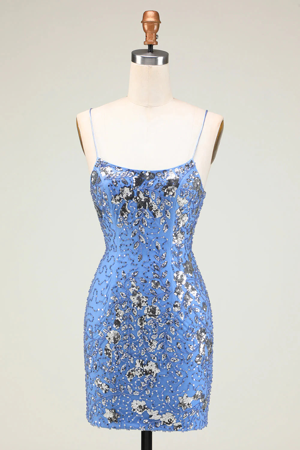 flowy party dressesAmzcw Sparkly Sheath Grey Blue Sequins Short Homecoming Dress with Criss Cross Back