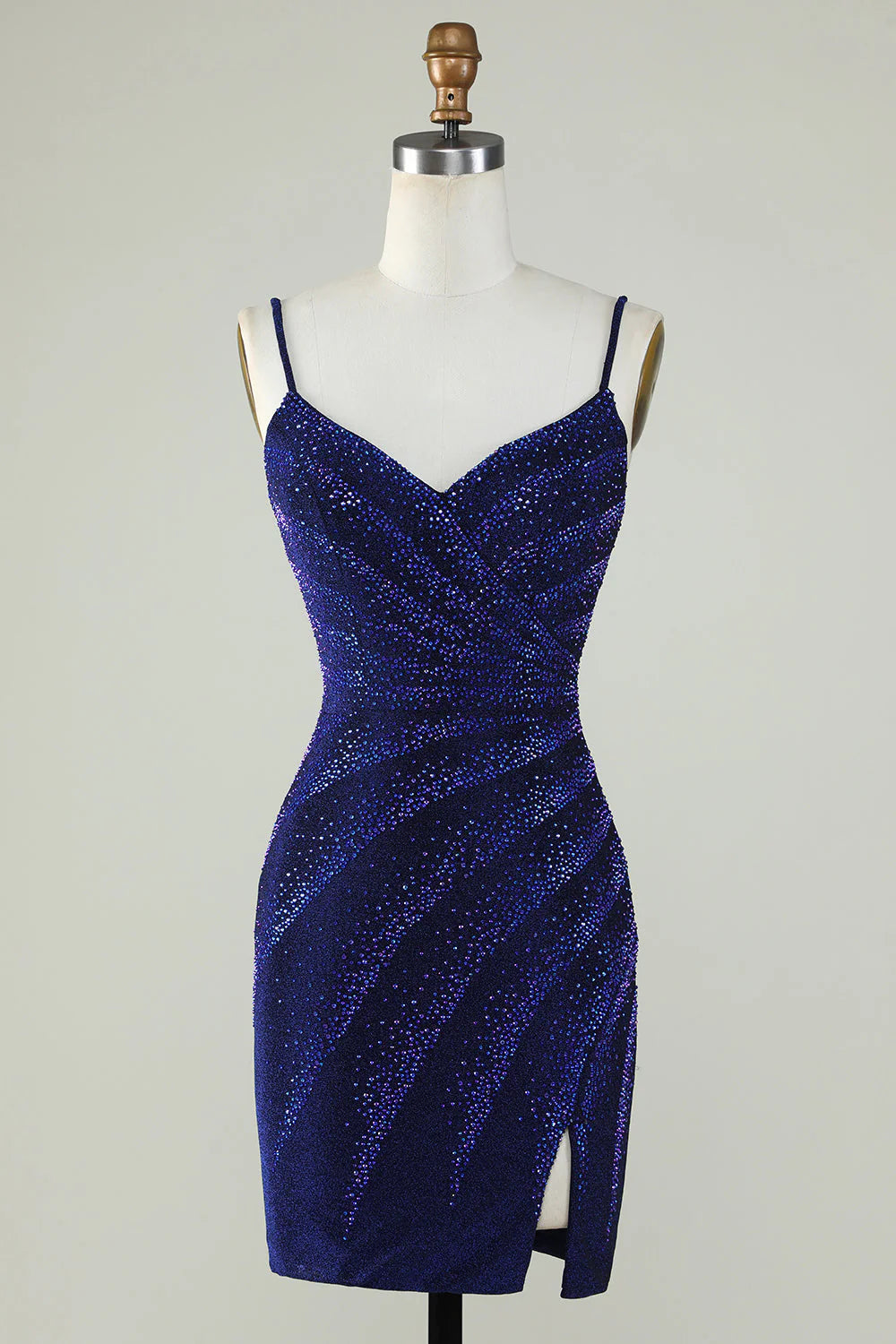 sustainable party dressesAmzcw Sparkly Sheath Spaghetti Straps Royal Blue Short Homecoming Dress with Beading