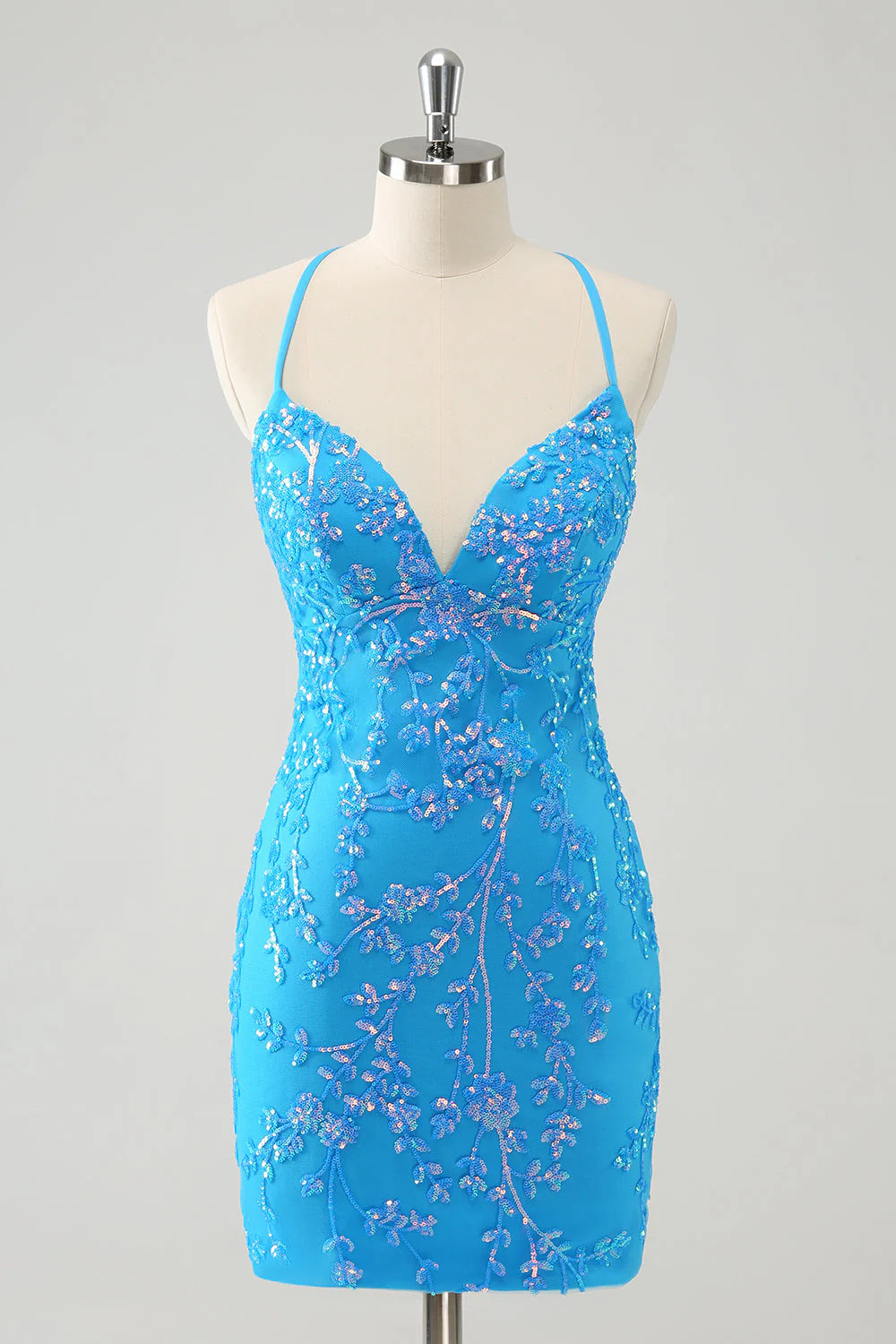 prom party dressesAmzcw Sparkly Sky Blue Tight Short Sequin Homecoming Dress with Lace-Up Back