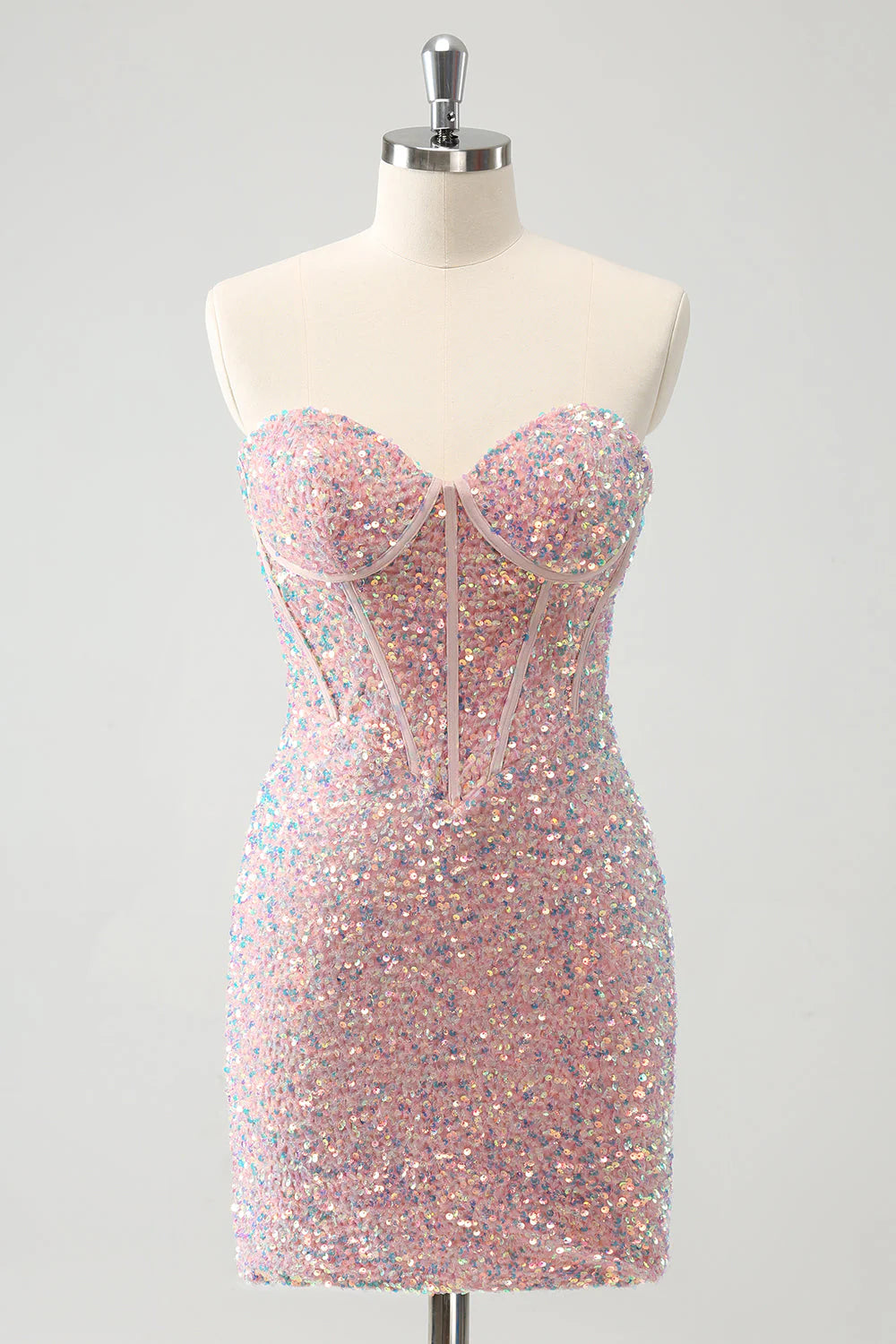 tall party dressesAmzcw Sparkly Strapless Light Pink Tight Short Homecoming Dress with Sequins