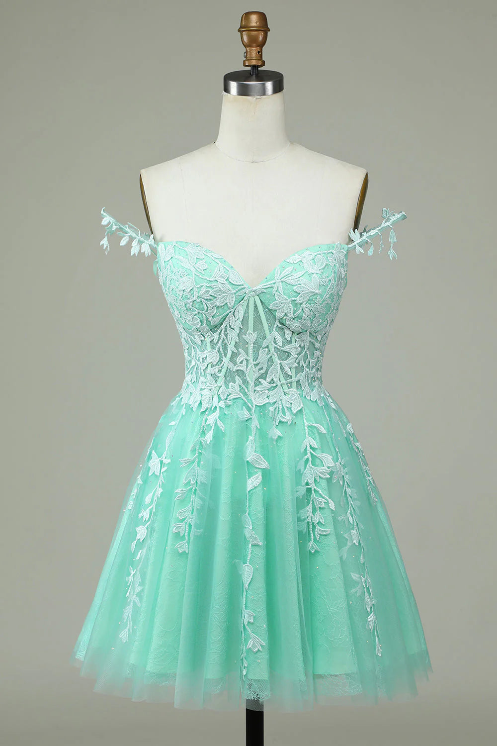 ball gown party dressesAmzcw Stylish A Line Spaghetti Straps Mint Short Homecoming Dress with Appliques