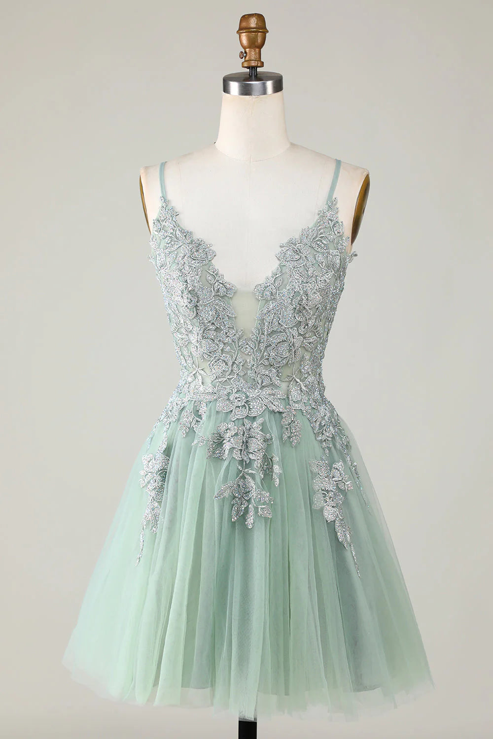 petite party dressesAmzcw Stylish Green A Line Spaghetti Straps Short Homecoming Dress with Appliques