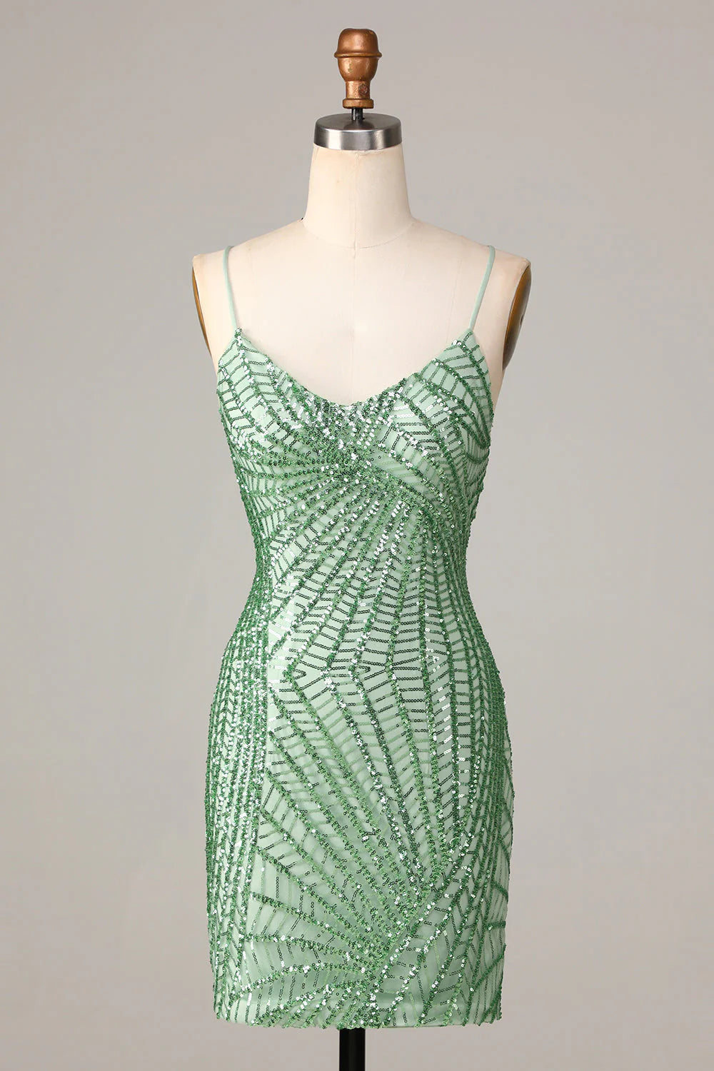 silk party dressesAmzcw Stylish Green Sheath Sequins Short Homecoming Dress with Criss Cross Back