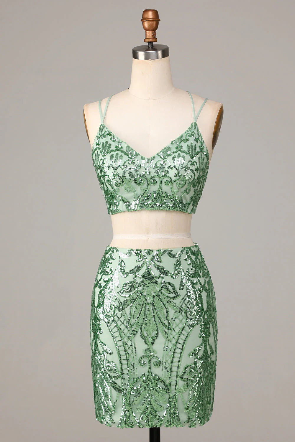 figure-flattering party dressesAmzcw Ultimate Glow Green Two Piece Spaghetti Straps Sequins Short Homecoming Dress