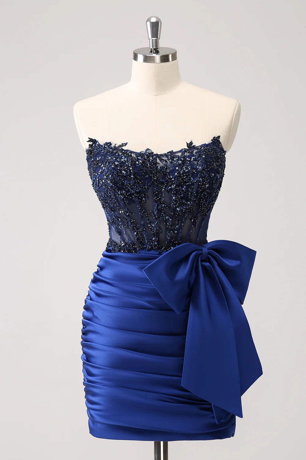 summer party dressesAmzcw Unique Navy Tight Strapless Corset Pleated Short Beaded Homecoming Dress with Bow