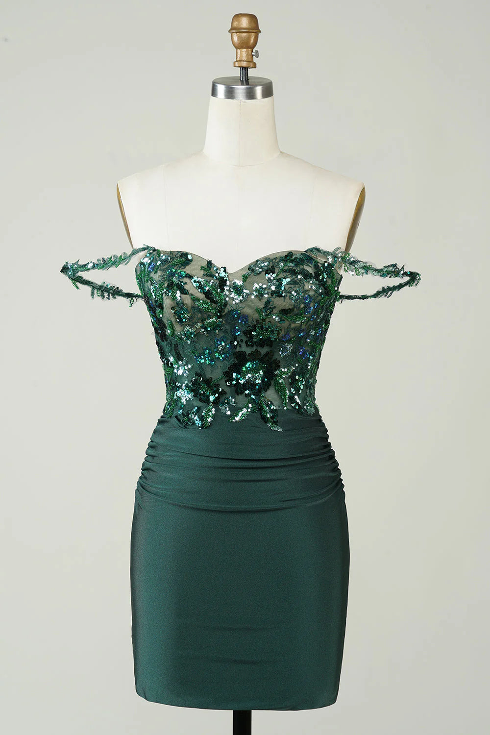 glam party dressesAmzcw Unique Sheath Off the Shoulder Dark Green Short Homecoming Dress with Appliques