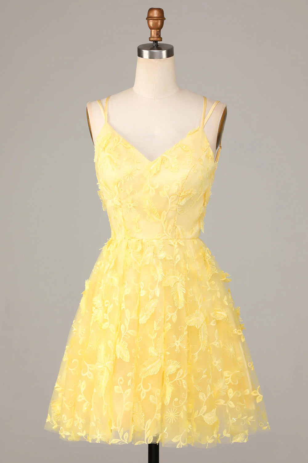 petite party dressesAmzcw Yellow A-Line Spaghetti Straps Short Homecoming Dress with Appliques