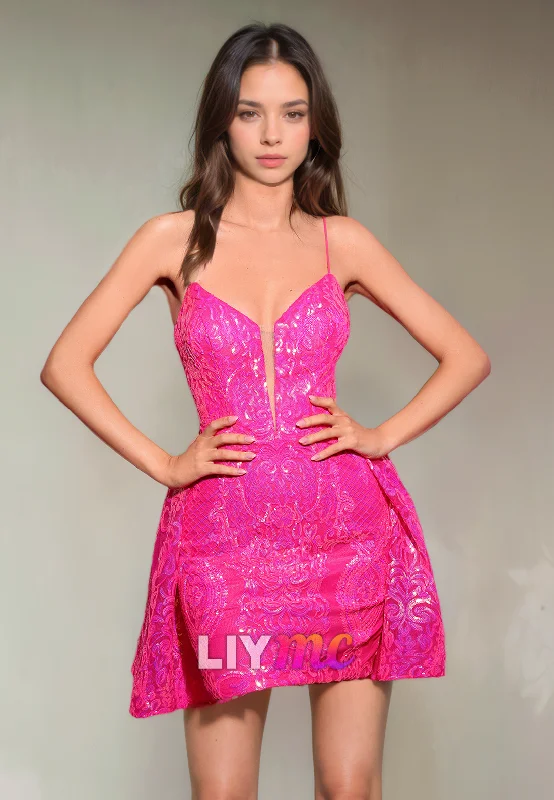 body-skimming party dressesV-Neck Sleeveless Appliques Lace-Up A-Line Short Homecoming Dress