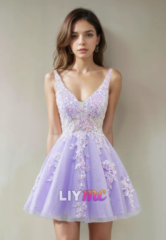 minimalist party dressesV-Neck Sleeveless Appliques Tulle A-Line Short Homecoming Dress