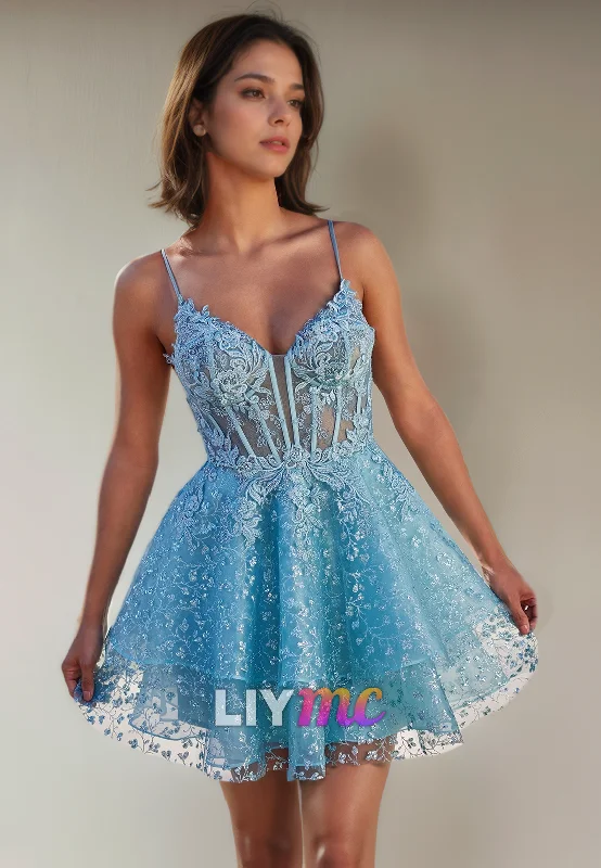 affordable party dressesV-Neck Sleeveless Appliques Sheer Pleated A-Line Short Homecoming Dress