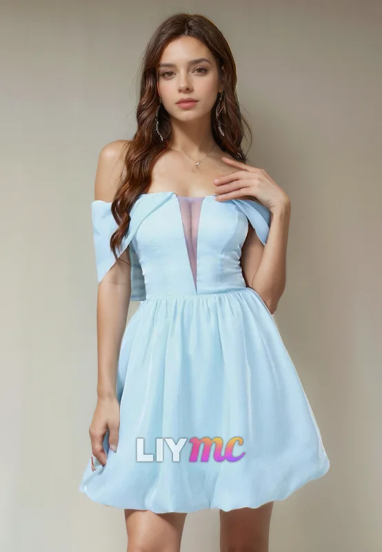 satin party dressesOff-Shoulder Strapless Pleated A-Line Short Homecoming Dress