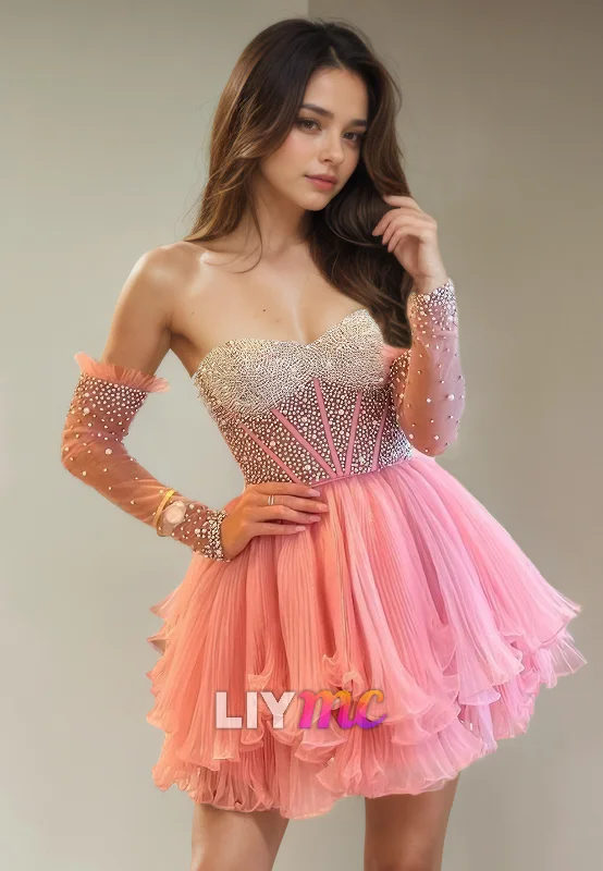 lace-up party dressesSweetheart Beaded Pleated Tulle A-Line Short Homecoming Dress