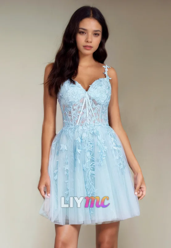 cocktail party dressesSweetheart Sleeveless Appliques Tulle A-Line Short Homecoming Dress